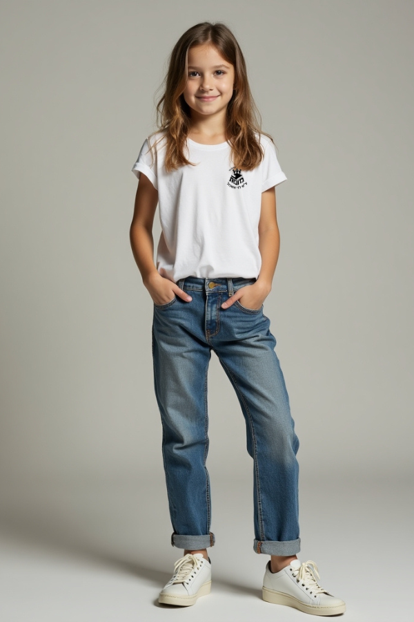 חולצת טריקו בנות צווארון עגול (עם הדפס סמל בית הספר)