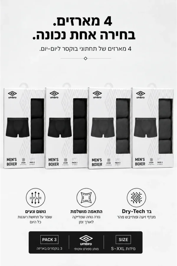 מארז 12 תחתוני בוקסר UMBRO – שחור ואפור כהה